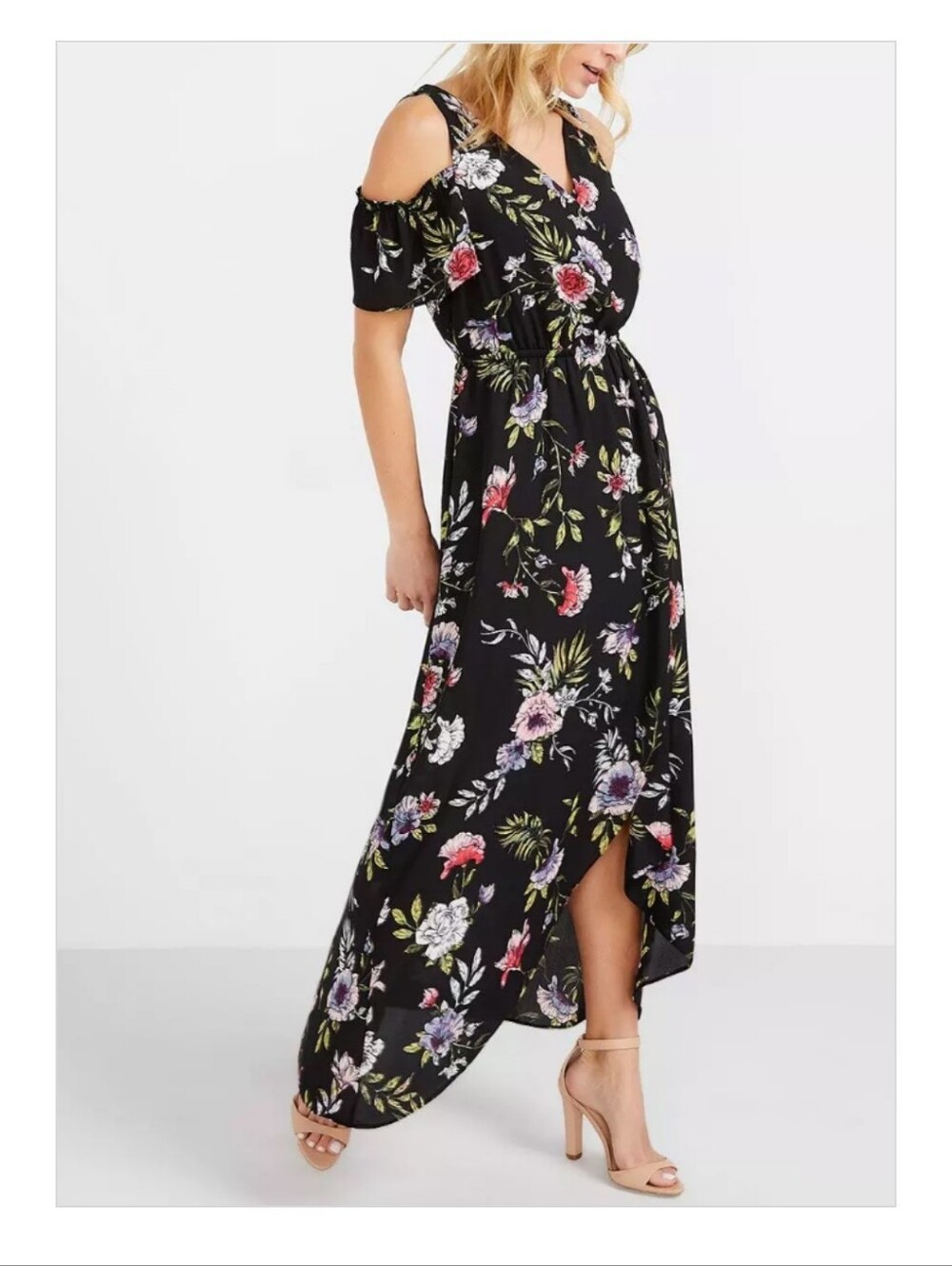 Floral High-Low Cold Shoulder Maxi Dress